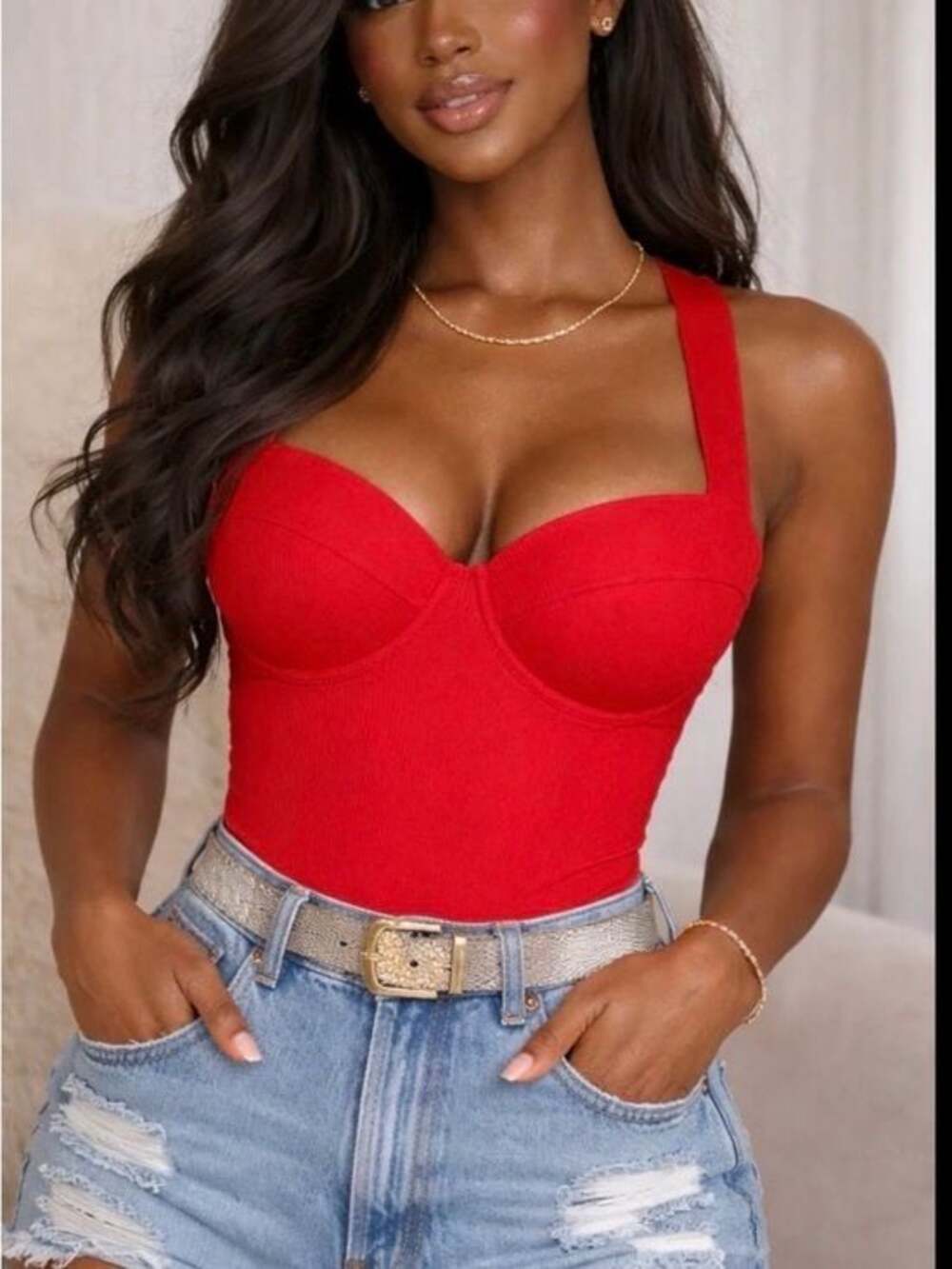 ANWND Red Padded Ribbed Bodysuit with Straps - NWT - Size L
